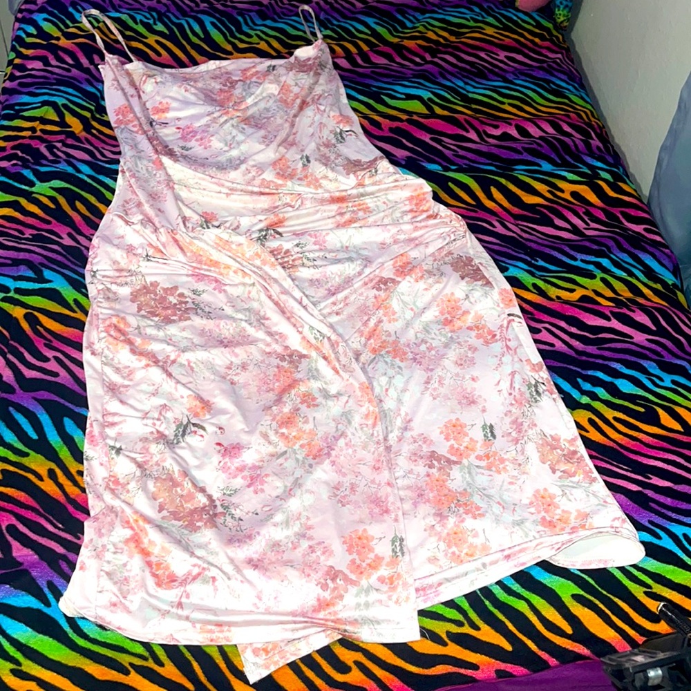 Prettylittlething pink silk dress with slit